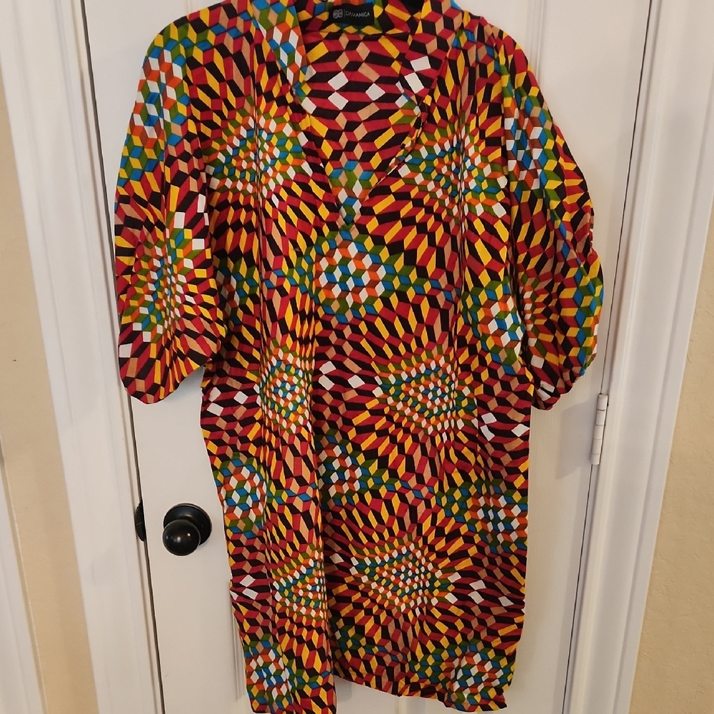 Vibrant Geometric Mini Kaftan Dress Open V Neck, O/S